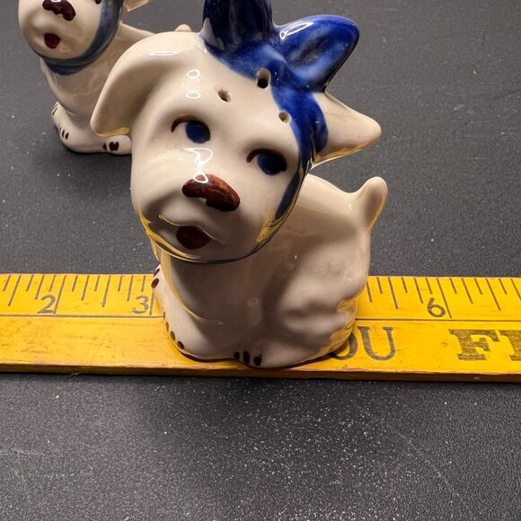 Vintage Ceramic Dog Salt & Pepper Shakers With Blue Bow Design Table Decor Retro - Picture 13 of 15